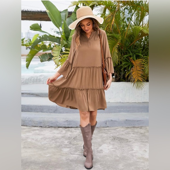 Moss Rose Women's Summer Button Down V Neck Casual Loose Flowy Tunic Dress - Picture 5 of 9